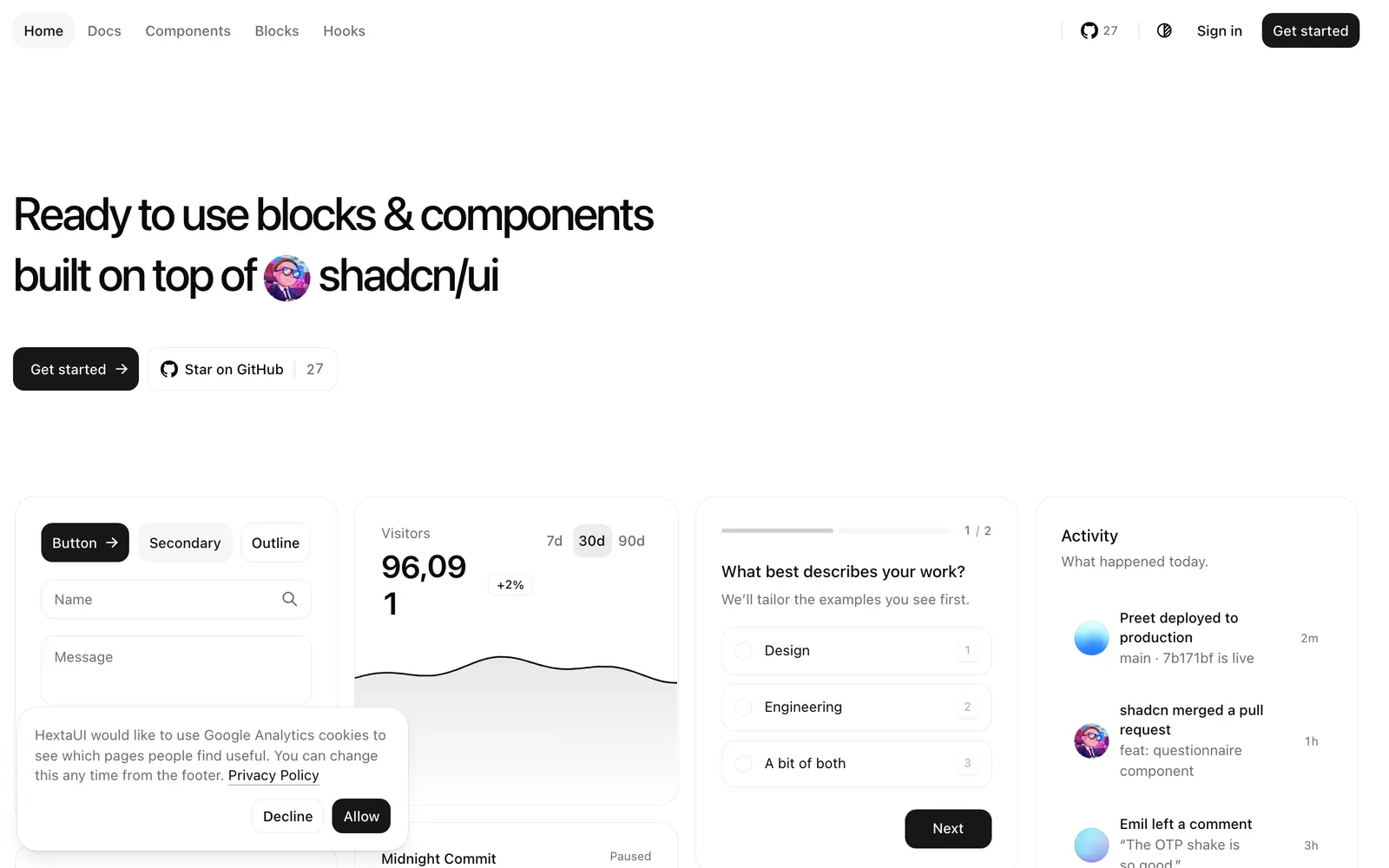 HextaUI — 基于 shadcn/ui 与 Base UI 的开源 React 组件与区块库，内置细腻动效与完善的状态交互。
